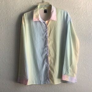 Yellow and Pink Long Sleeve Notched Collar Button Down Shirt